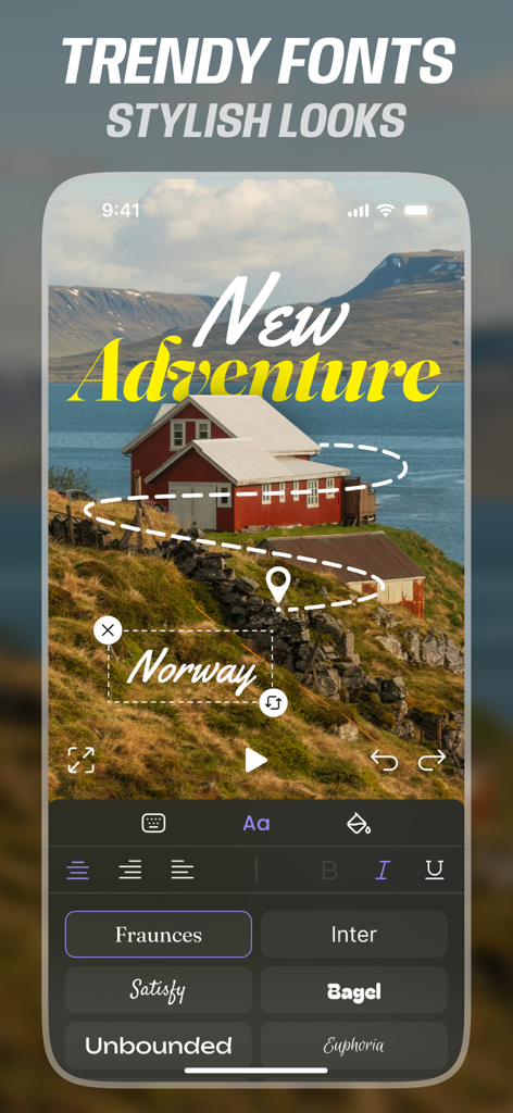 Vistory: Reels Video Editor - Interface of Vistory Reels Video Editor showing trendy font selections and text customization for a travel video.