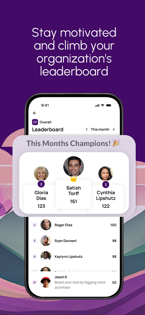 LVL Wellbeing - LVL Wellbeing app displaying a corporate leaderboard with top monthly champions and employee wellness rankings.