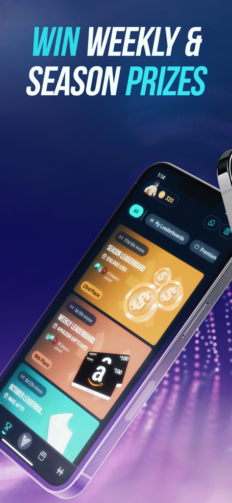 VOAT app screen showing weekly and season leaderboard prizes including cash gift cards and sneakers