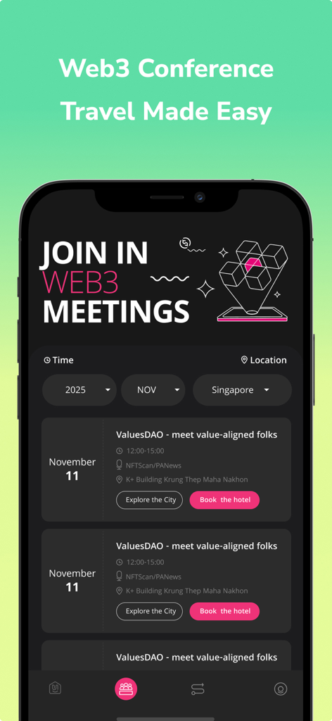 Interface do aplicativo Umy mostrando agendamentos de viagens e reuniões de conferência Web3 com opções de reserva de hotel.