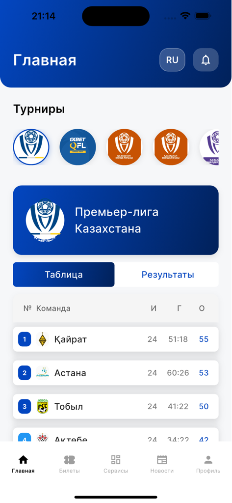Jankuier - Tabella di classifica della Kazakhstan Premier League nell'app Jankuier