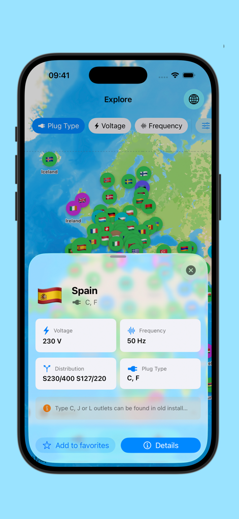 Map view of the Power plug app showing electrical outlet and voltage information for Spain