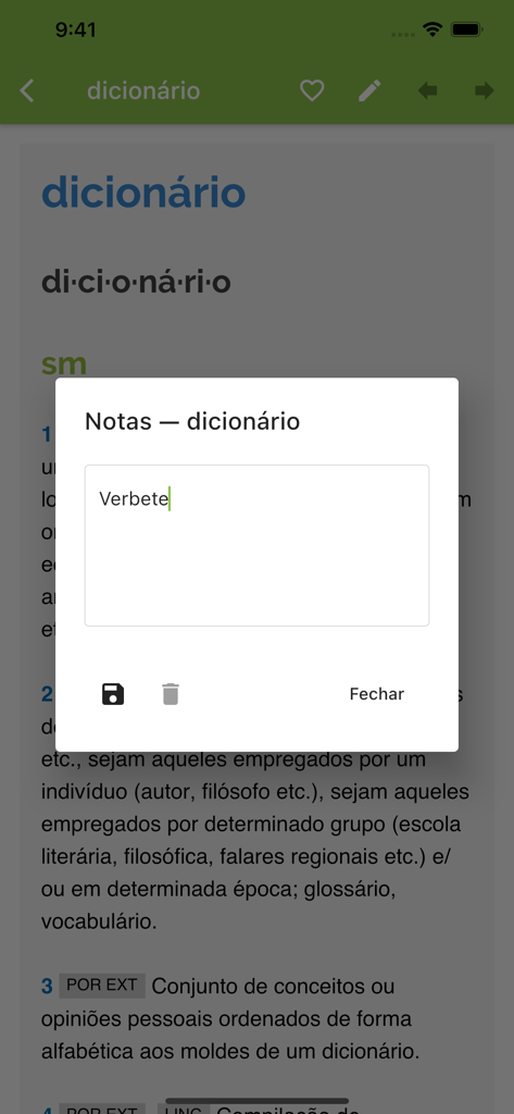 Dicionário Michaelis Português - Michaelis Portuguese Dictionary app interface showing a dictionary entry with a notes pop up window
