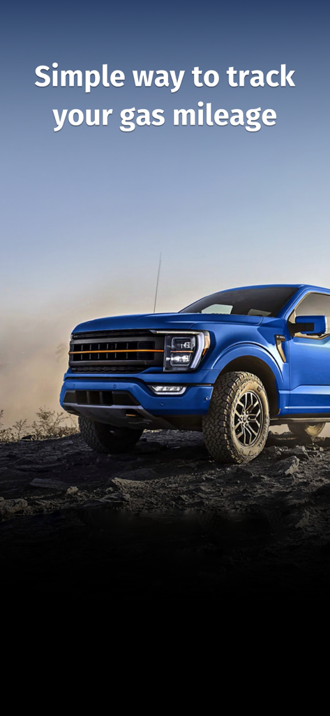 Fuel Tracker Gas & Mileage Log - Blue pickup truck on rocky terrain with text describing a simple way to track gas mileage
