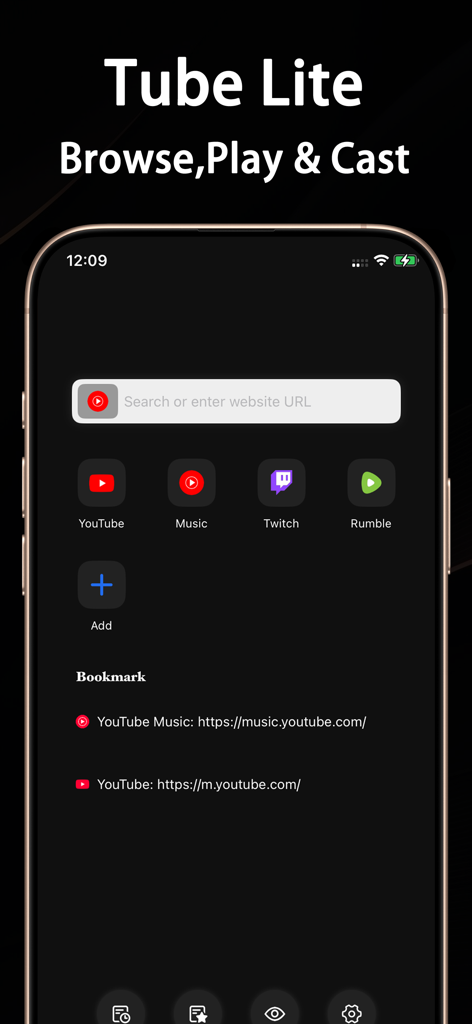 Float Tube App-Oberfläche mit Verknüpfungen für YouTube, Twitch und Rumble