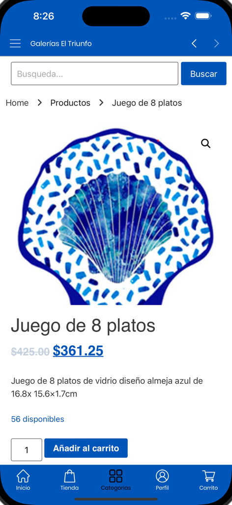 Galerías el Triunfo - Página de producto en la aplicación Galerías el Triunfo que muestra un juego de ocho platos de vidrio de concha de almeja azul con precio y botón para añadir al carrito