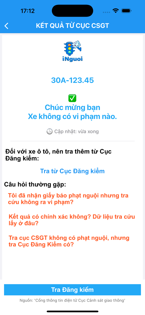 iNguoi - Tra Cứu Phạt Nguội - Search result screen in iNguoi app showing no traffic violations for a vehicle license plate.