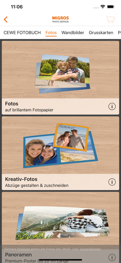 Migros Photo Service - Mobile app interface showing photo print categories including standard and creative photo options
