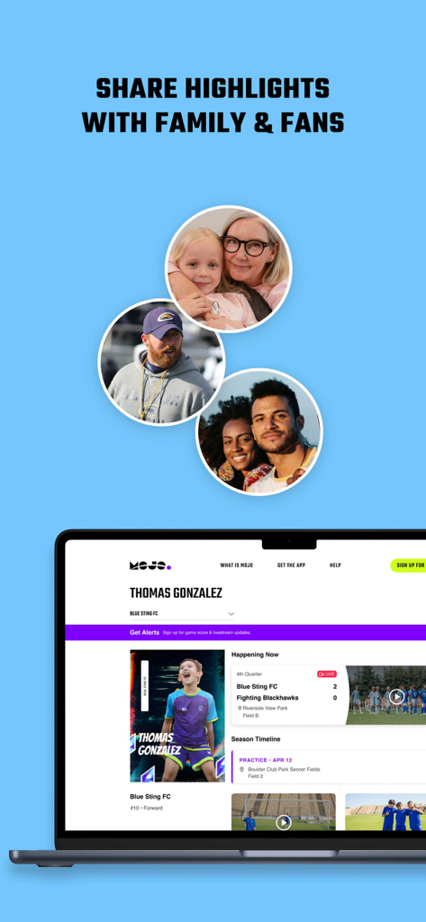MOJO Sports - Tableau de bord MOJO Sports sur un ordinateur portable présentant les faits saillants des joueurs et les fonctionnalités de communication d'équipe.