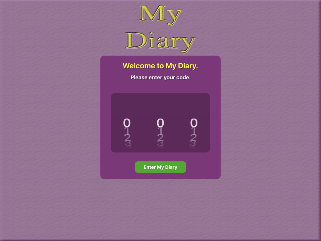 My Private Diary - Passcode lock screen of the My Private Diary app for iPad featuring a three digit code entry