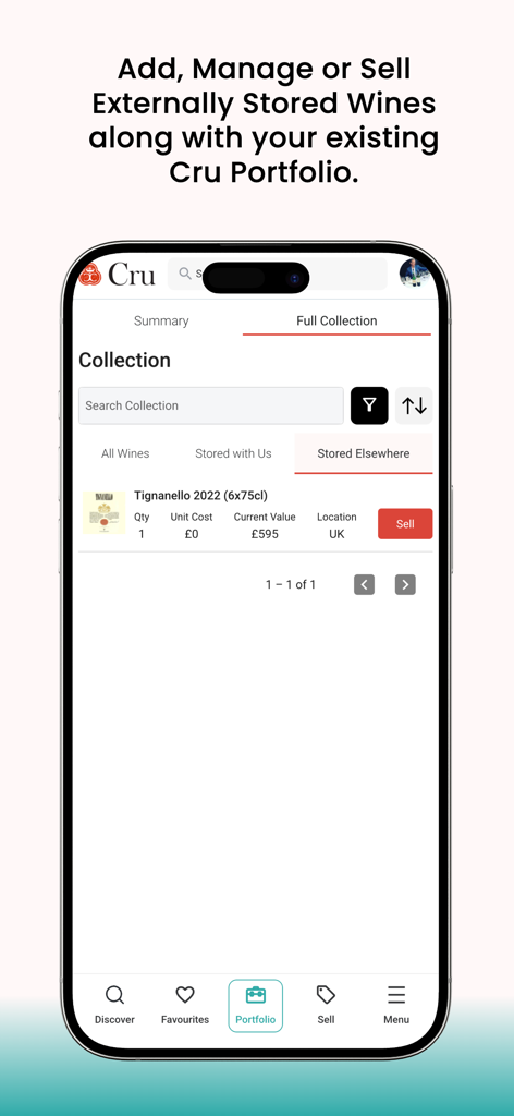 Cru World Wine mobile app portfolio interface showing wine collection management with valuation and storage details.