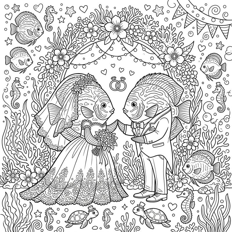 Dive into an adorable underwater wedding with this Discus Fish couple. Celebrate their special day surrounded by marine friends and beautiful floral decorations, ready for your creative touch.