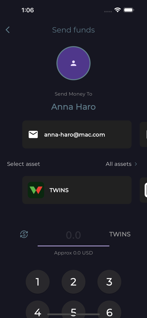 wallet.app - Interface of wallet app showing the screen to send cryptocurrency funds to a recipient using their email address