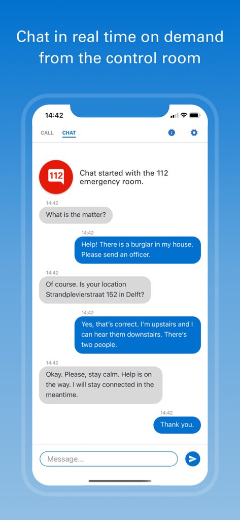 A smartphone interface showing a real-time emergency chat between a user and the 112 control room in the Netherlands.