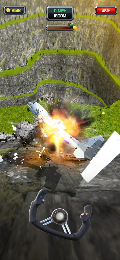 A plane crashing and exploding in a canyon in the Crazy Plane Landing mobile game.
