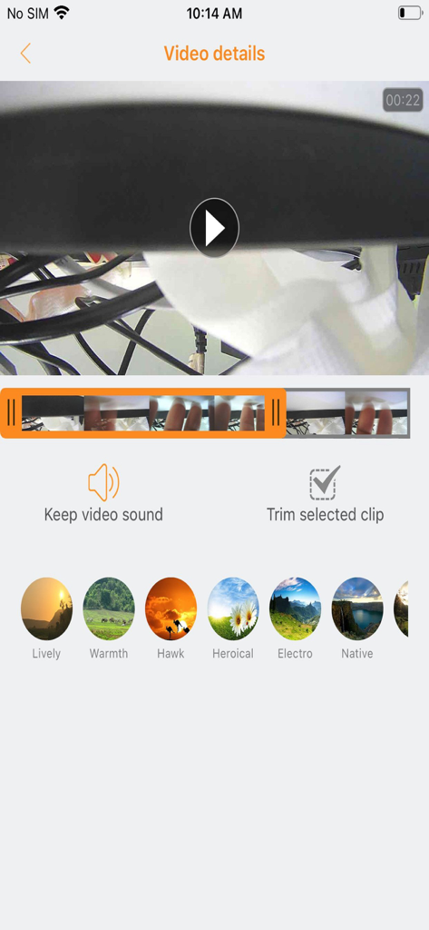 RoadCam app interface showing video editing tools and filters for dash cam footage.