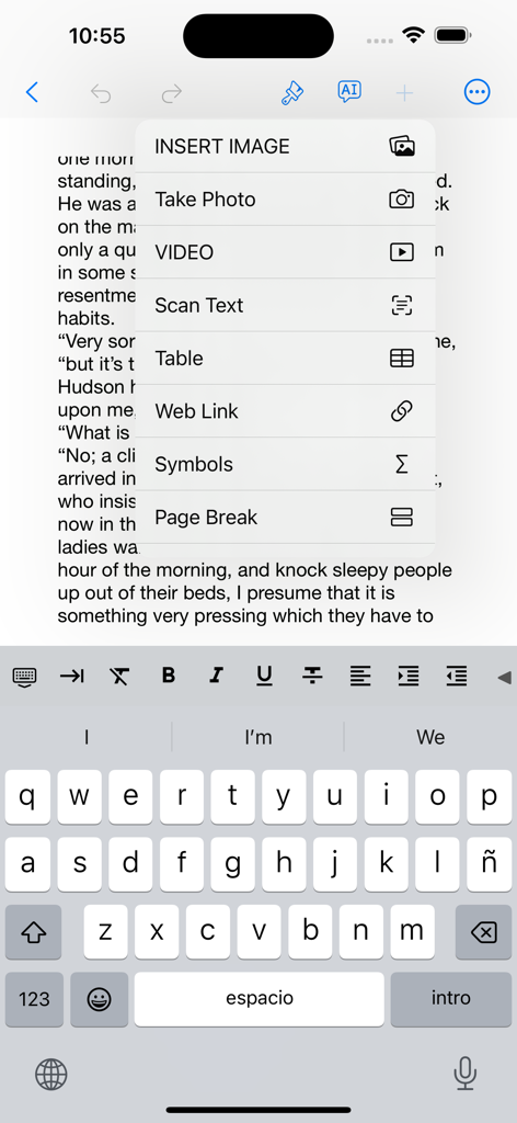 Document editor in Books Pro showing insert menu for images videos and tables