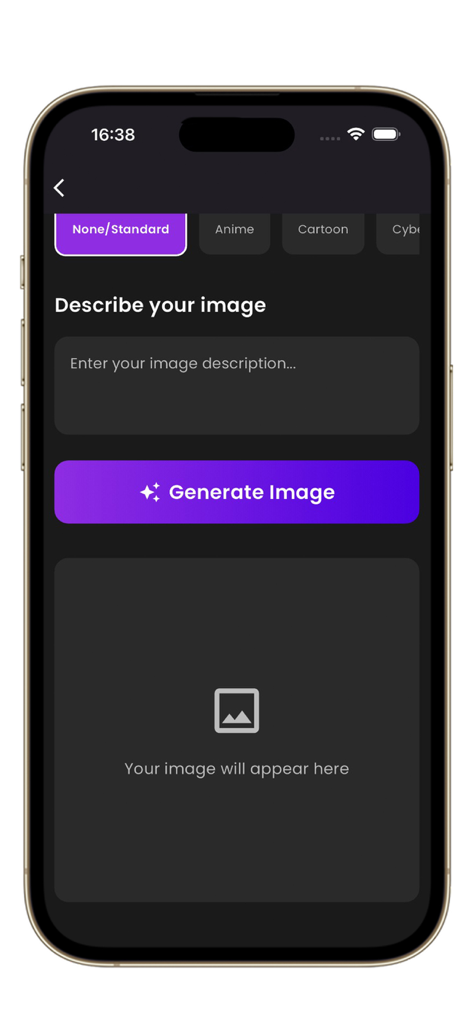 AI image generation interface in the Postegro Nunu app featuring a text prompt input and style selection buttons