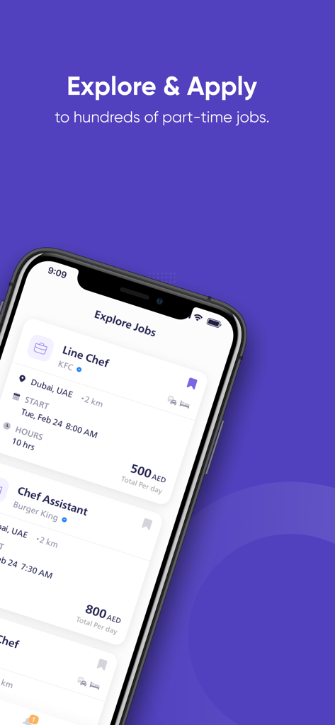 Ogram - Find Part Time Jobs - Ogram app interface displaying part-time job opportunities for line chefs and assistants