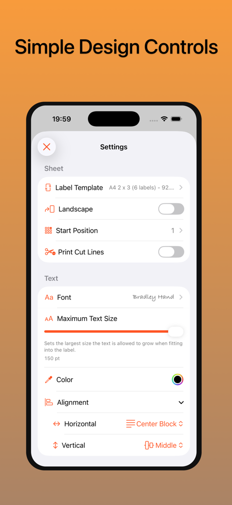 Captura de pantalla de iPhone de la aplicación Impresora de Etiquetas mostrando controles de diseño simples para plantillas de etiquetas y personalización de texto.