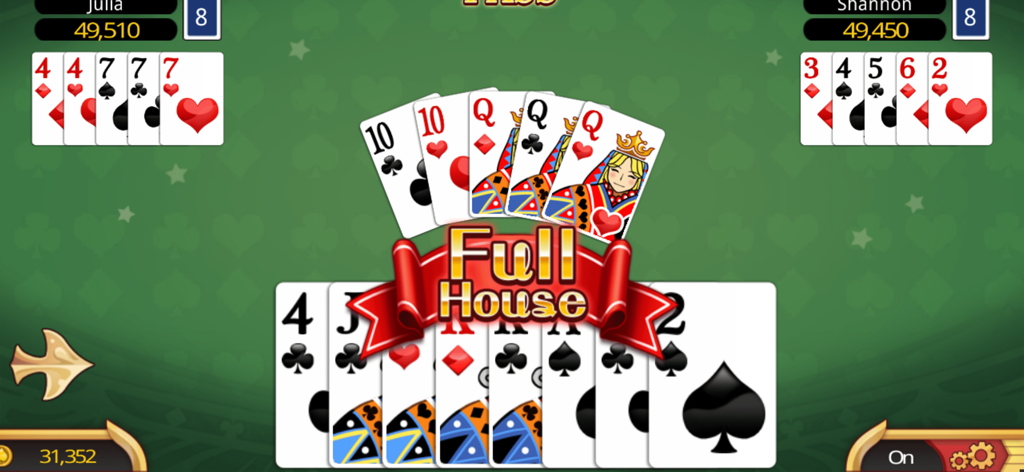 A screenshot of Fun Big 2 gameplay showing a full house poker hand being played on a green table