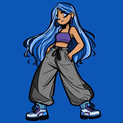 girl in baggy pants crop top and long hair
