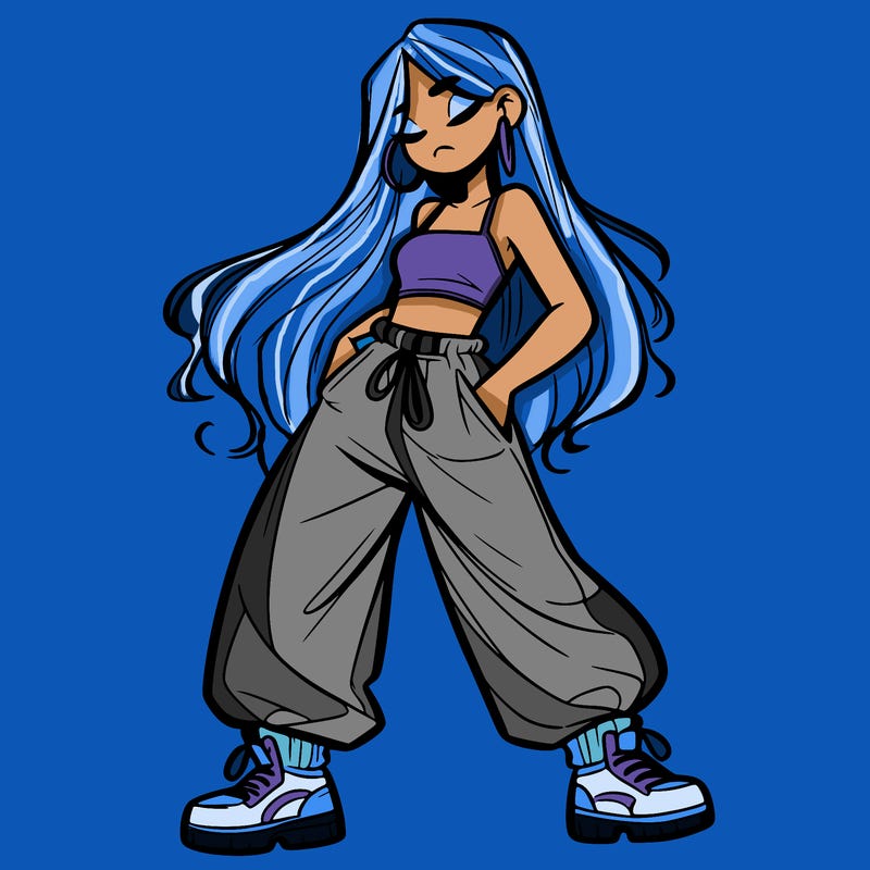 girl in baggy pants crop top and long hair