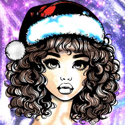 realistic girl with a santa hat curly hair and lips
