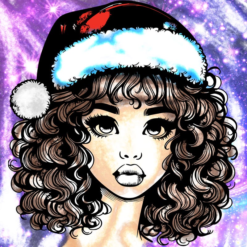 realistic girl with a santa hat curly hair and lips