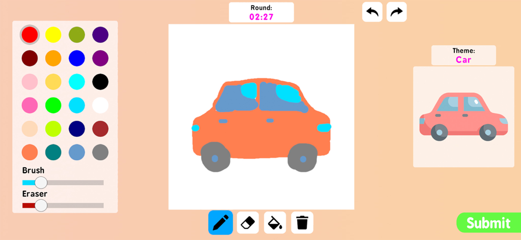 Coloring book paint drawing - Interfaz de juego de libro de colorear digital que muestra un dibujo de un coche con herramientas de pintura y paleta de colores