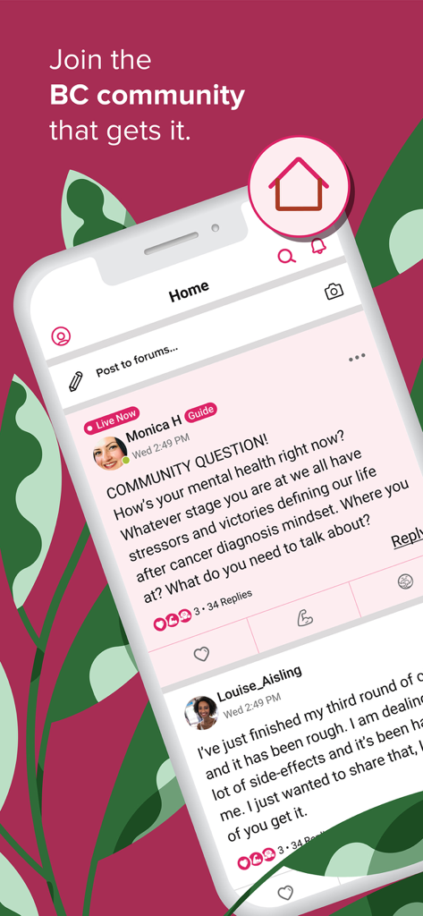 Bezzy Breast Cancer - La interfaz de la aplicación Bezzy Cáncer de Mama que muestra un foro comunitario con discusiones sobre salud mental y apoyo al tratamiento de quimioterapia