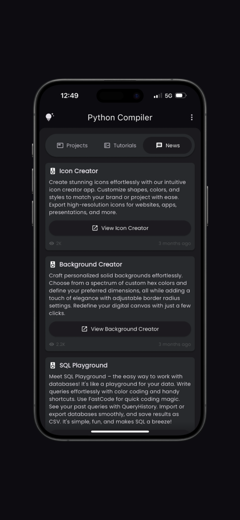 Python‎ Compiler - La sezione Notizie dell'app Compilatore Python con strumenti per sviluppatori come Icon Creator e SQL Playground.