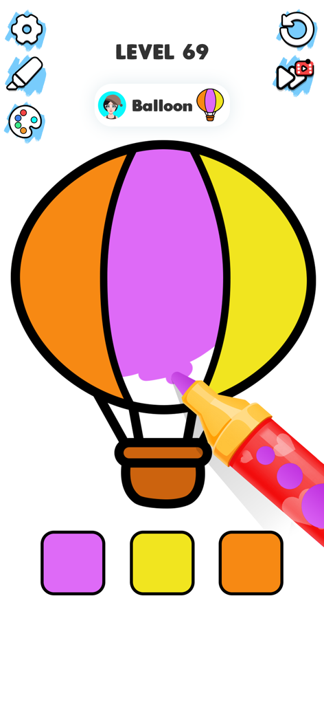 Color ASMR Game: Coloring Page - Gameplay of Color ASMR Game showing a hot air balloon being colored with a purple marker