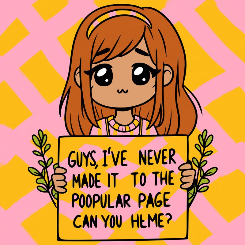 a girl holding up a sign that says, guys, i’ve never made it to the popular page, can you help me?