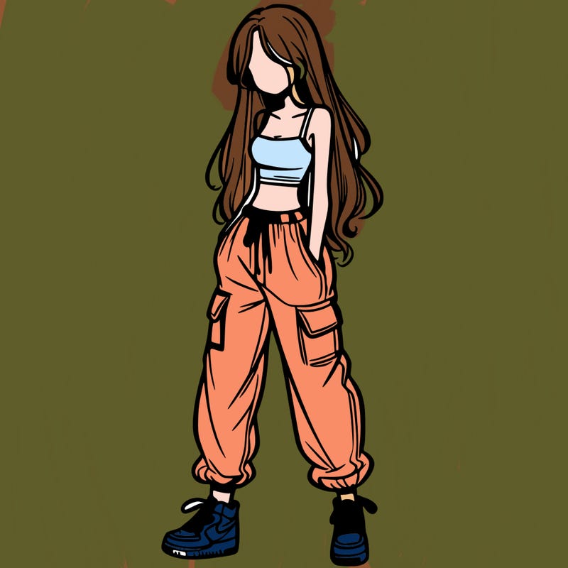 girl in baggy pants crop top and long hair