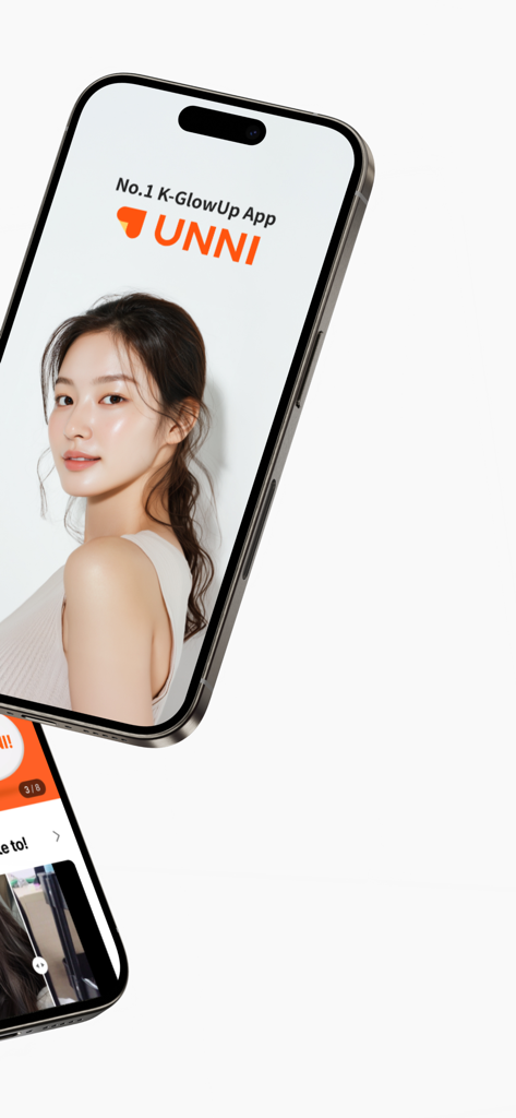 UNNI mobile app screen displaying the logo and No.1 K-GlowUp App slogan