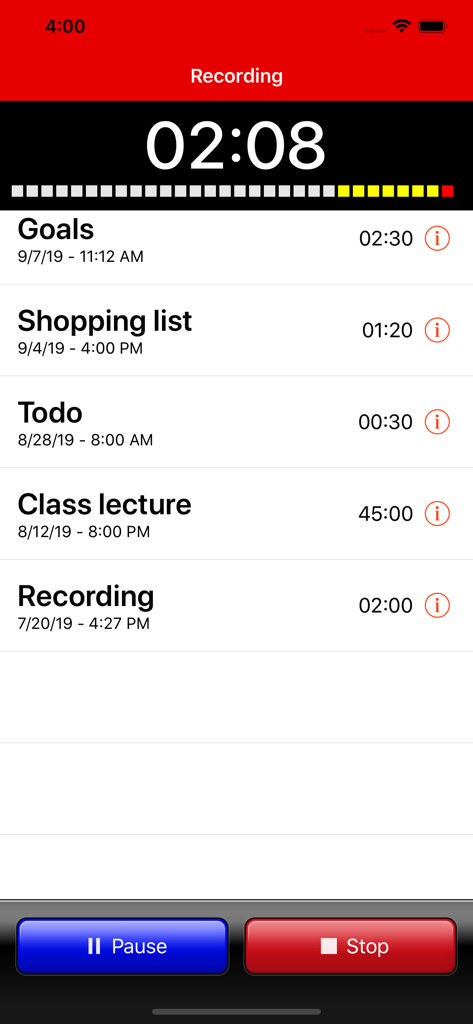 Interface of iRecorder Pro app showing an active audio recording and a list of previous memos