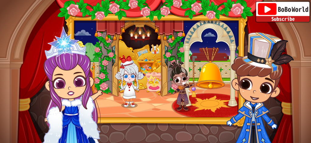 BoBo World Castleの宝物と金色のベルがある王室の部屋の前にいるお姫様とお殿様のキャラクター