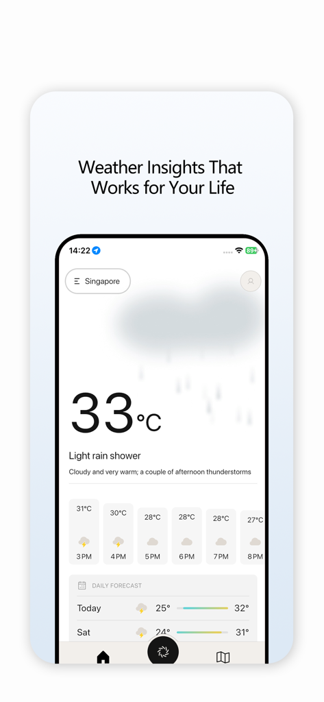 Breezy - Outdoor Weather Guru - Breezy 앱 인터페이스에 33도 섭씨의 실시간 날씨 예보와 시간별, 일별 인사이트 표시
