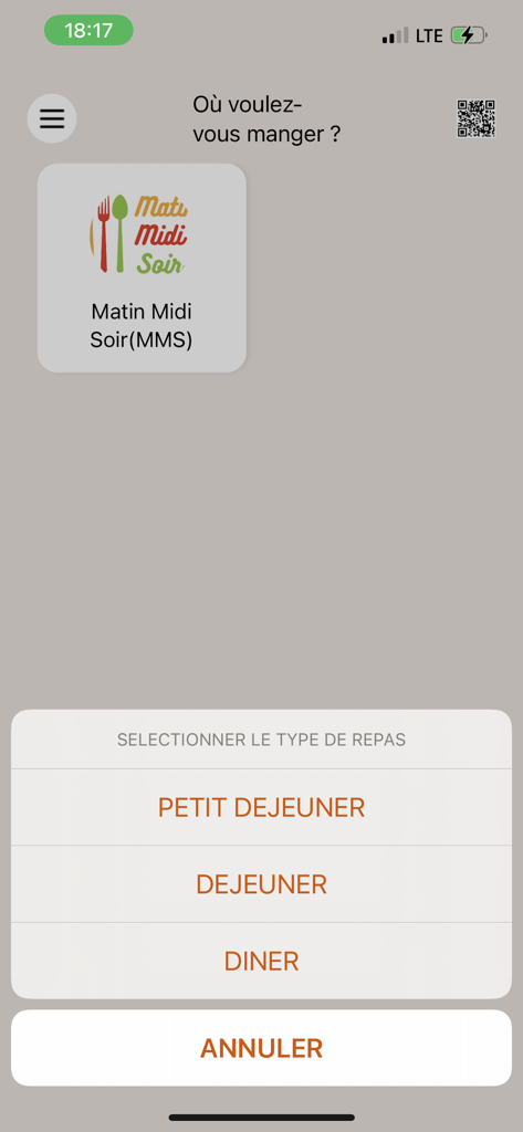 ProcreaResto - ProcreaResto Mobile App-Bildschirm zur Auswahl von Mahlzeiten wie Frühstück, Mittag- oder Abendessen