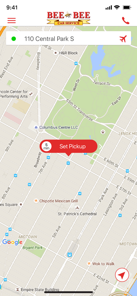A interface do aplicativo móvel Bee Bee Car Service mostrando um mapa de Manhattan para reservar uma viagem em Central Park South.