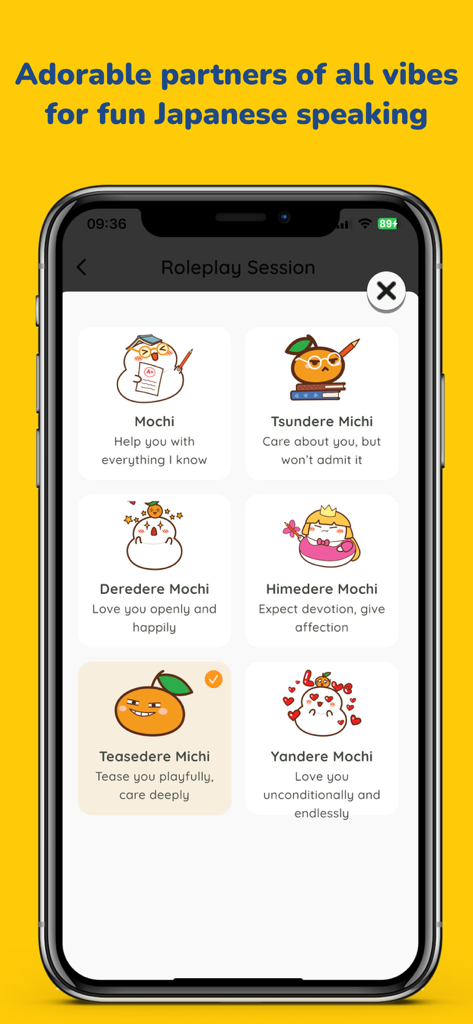 MochiKaiwa - Speak Japanese - MochiKaiwa app screen showing various AI anime character personalities for Japanese speaking practice