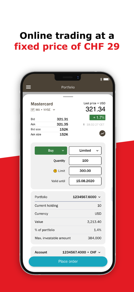 cash-bank zweiplus E-BANKING - Smartphone screen displaying the cash-bank zweiplus e-banking app trading interface for stocks with fixed fees