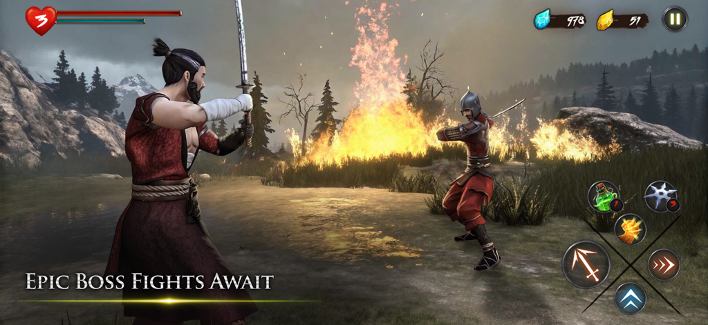 Takashi the ninja engaging in a 3D sword battle with a boss warrior in a burning landscape.