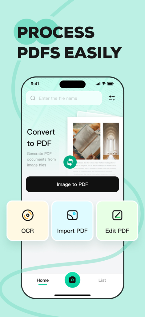 画像からPDFへの変換やOCRツールを備えたPDF Editorアプリのインターフェース