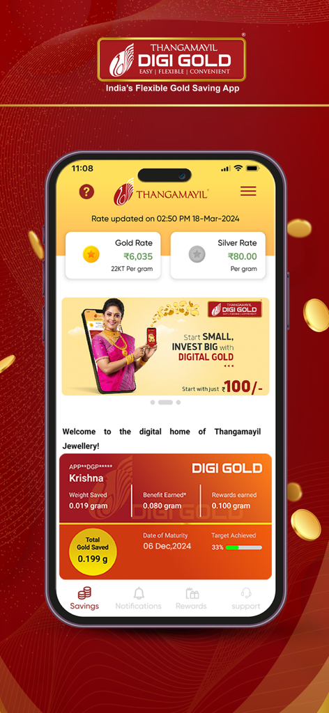 Thangamayil DigiGold app home screen showing live gold and silver rates along with a digital savings account overview