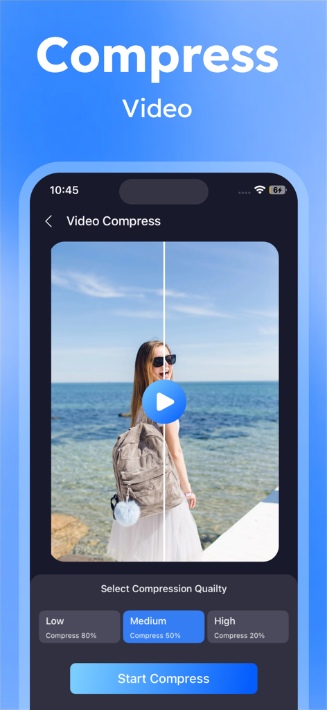 Cleanup guru - Speed Booster - Interfaz de la aplicación Cleanup guru mostrando opciones de compresión de video que incluyen configuraciones de baja, media y alta calidad