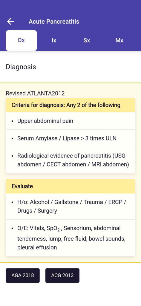 Critérios de diagnóstico clínico para pancreatite aguda no aplicativo médico Fígado e Emergências GI