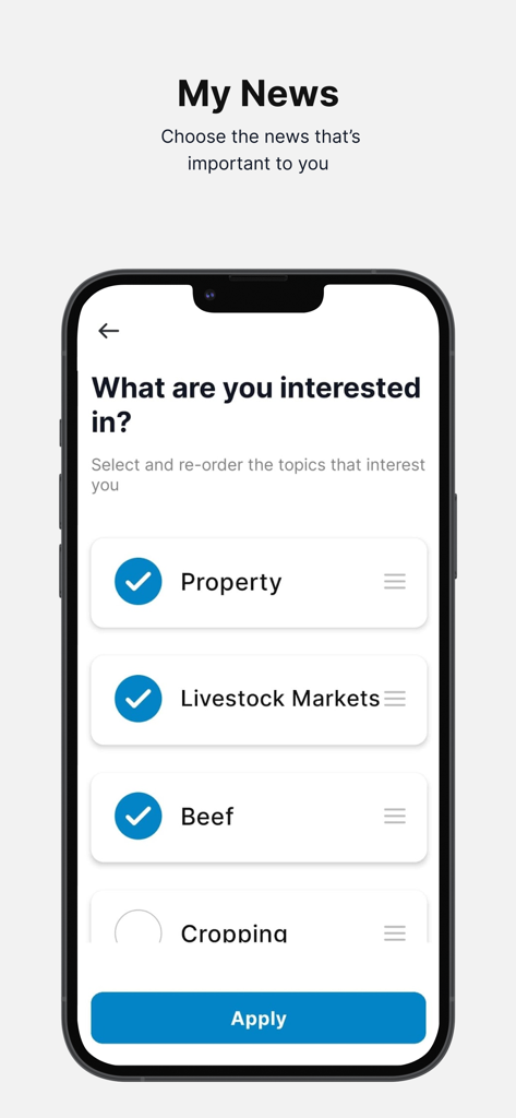 The Land: News & Livestock - Interface of The Land app allowing users to select preferred agricultural news topics such as Property and Beef