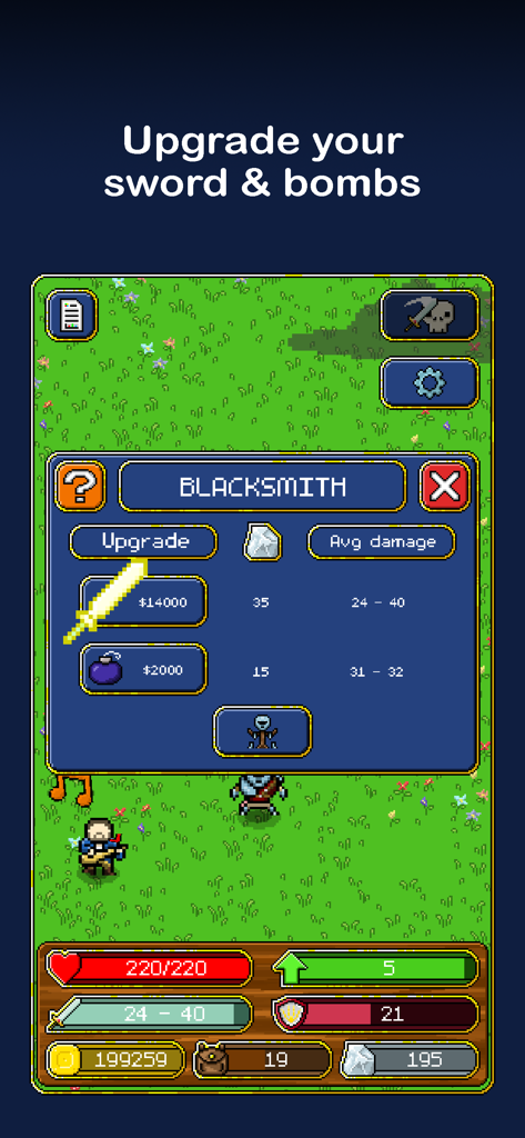 Tap Knight - Idle Adventure - Menú de herrero en Tap Knight mostrando opciones para mejorar la espada y las bombas.